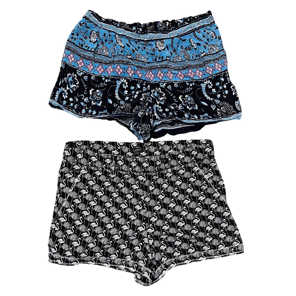 LOFT Women's Size L Shorts Set Blue Paisley Flamingo Print Elastic Waist